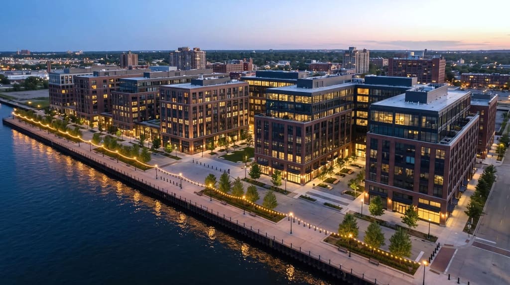 Aerial dusk rendering of Calumet Yards, six replanned city blocks with a continuous riverwalk.