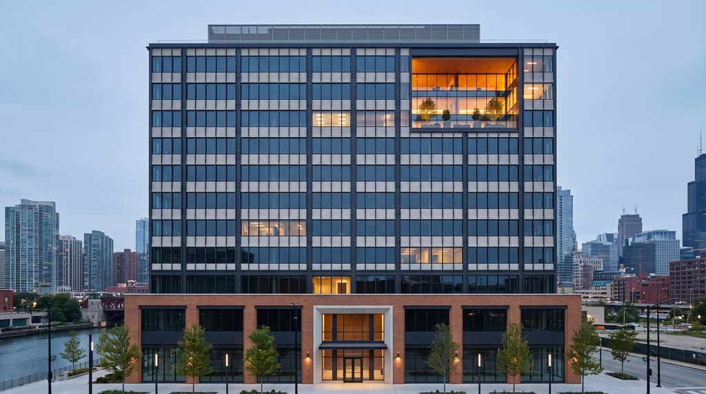 Dusk rendering of Kinzie Exchange, a fourteen-story Chicago tower with a lit two-story winter garden at its river corner.